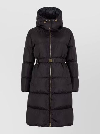 Moncler long hooded quilted jacket belted waist