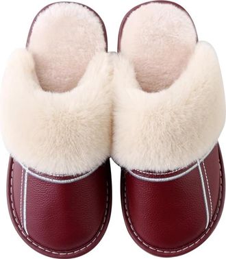 Generic Womens Leather Plush Slippers for Autumn and Winter, Waterproof Home Shoes,Burgundy,4.5 UK