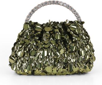Badgley Mischka Holly Crinkle Sequin Crystal Handle Pouch Clutch in Green at Nordstrom, Size Small