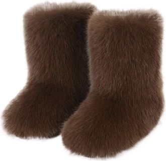 Generic Womens Faux Fox Fur Snow Boots Plush Lined Mid Cuff Winter Ankle Booties Non-Slip Slip On Fashion Shoes For Cold Weather(Brown,4.5 UK)
