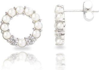 MAX + STONE 925 Sterling Silver Freshwater Pearl Open Circle Cultured Pearl Stud Earrings