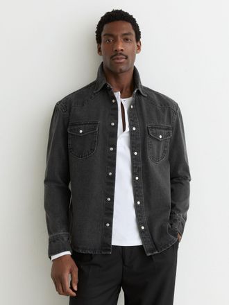 Reiss Washed Black Denim Western Overshirt, XL