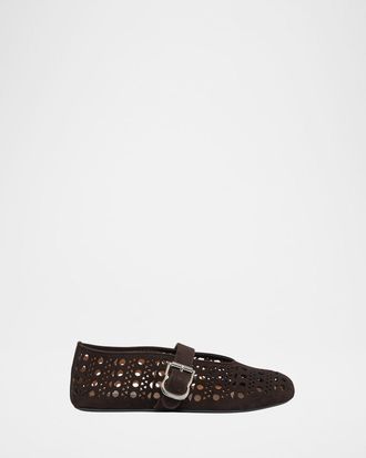 Alaia Vienne Perforated Suede Buckle Ballerina Flats