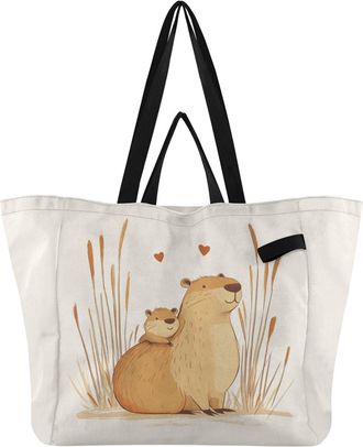 Generic Capybara Hearts Beige print Reusable Canvas Tote Bag, Heavy Duty Grocery Shopping Bag with Hard Bottom Large Capacity Double Handles Work Groceries Tr