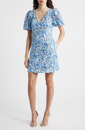 Eliza J Embroidered Puff Sleeve Cocktail Dress in Blue at Nordstrom, Size 12
