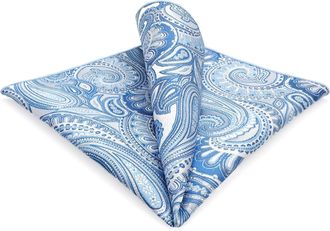 Shlax & Wing Shlax&Wing Azure Silver Paisley Mens Pocket Square Silk Wedding Business, Blue, L