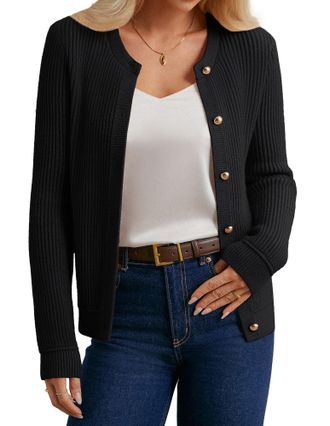 Grace Karin Long Sleeve Winter Jackets for Women UK, Crew Neck Black Blazer Cardigans Elegant, Lightweight Knitted Outwear Winter XL Black