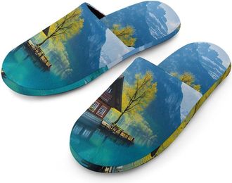 Generic Swiss Mountains Lake Cherries Flowers Mens Slippers Flannel Warm House Shoes with Rubber Anti-Slip Sole Slip On for Home Outdoor