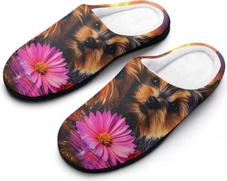 Generic Cute Yorkshire Terrier Dogs Sunset Butterfly Mens House Slippers Memory Foam Washable Cotton Slip on Home Shoes