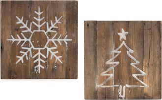 Melrose International Distressed Wood Snowflake and Tree Block (Set of 2) - Brown, White