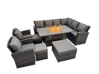 Fimous Rattan Corner Sofa Chair Set Gas Fire Pit Table with 3 Footstools in Dark Grey