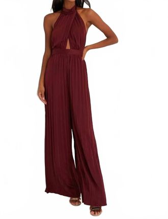 Lulus Womens Confident Impression Satin Pleated Halter Jumpsuit In Burgundy
