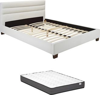 Vente-Unique Cama 160 x 200 cm - Piel sint&eacute;tica - blanco + colch&oacute;n - FAUSTIN