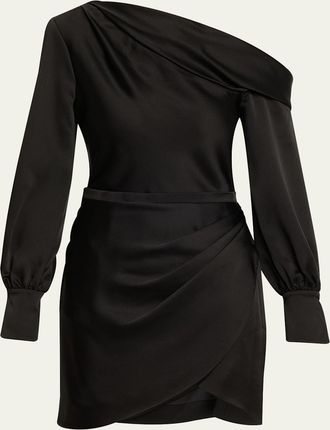 SIMKHAI Cameron One-Shoulder Wrap-Skirt Satin Mini Dress