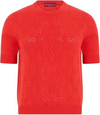 Gucci Round-neck Knitwear, female, Red, Size: S T-shirt in Knit with Monogram