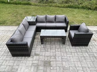 Fimous 7 Seater Rattan Corner Sofa Set With Square Side Table & Oblong Rectangular Coffee Tea Table Arm Chair in Dark Grey