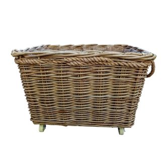 Red Hamper Wicker Extra Large Rope Handle Log Basket on Wheels in Brown