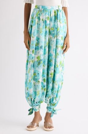 Chlo&eacute; Floral Silk Jacquard Harem Pants in White - Blue at Nordstrom, Size 10 Us