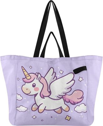 Generic Wing Pink Unicorn Cloud print Reusable Canvas Tote Bag, Heavy Duty Grocery Shopping Bag with Double Handles Large Capacity Hard Bottom Work Groceries 