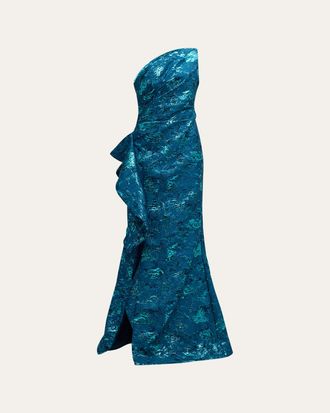 Teri Jon Metallic Jacquard One-Shoulder Side-Ruffle Gown