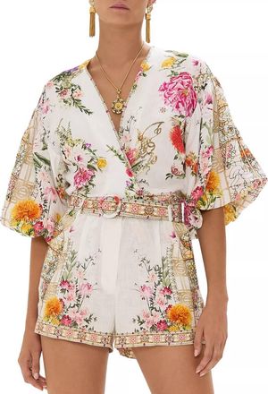 Camilla Tie Front Puff Sleeve Top In Egyptian Rose