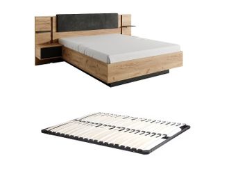 Vente-Unique Cama con mesitas de noche 140 x 190 cm - Con LEDs - Color: Natural y antracita + Somier - ELYNIA