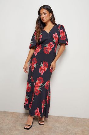 Oasis Womens Petite Printed Chiffon Puff Sleeve Fishtail Midaxi Dress - Black - Size 14 UK