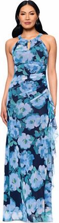 Betsy & Adam Mesh Ruffle Maxi Swing Dress In Blue Floral