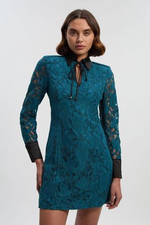 Karen Millen Womens Tipped Corded Lace High Neck Detail Woven Mini Dress - Teal Polyamide - Size 12 UK