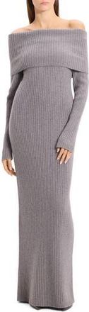 Theory Off the Shoulder Long Sleeve Rib Wool & Cashmere Maxi Dress in Grey Heather at Nordstrom Rack, Size Medium
