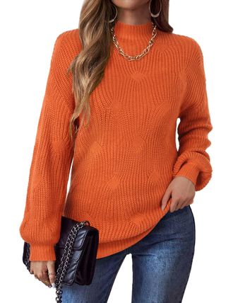Zeagoo Womens Orange Oversize Warm Knitted Jumper S-XXL, Turtleneck Pullover Long Sleeve Sweater