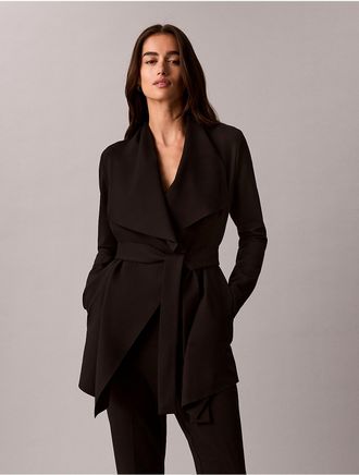 Calvin Klein Womens High Twist Compression Flyaway Belted Jacket - Black - XS