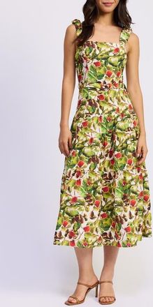 En Saison Scottie Fig Print Cotton Blend Midi Dress in White Red Olive at Nordstrom, Size X-Small