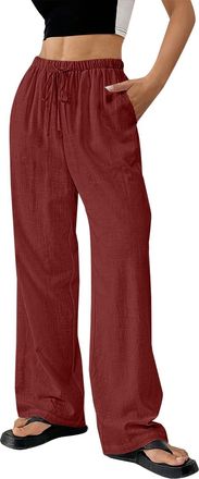 Generic Womens Summer Cotton Linen Wide Leg Straight Leg Pants Solid Color Drawstring Elastic Waist Ladies Lounge Pants with Pockets Casual Holiday Cropped Li