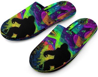 Generic Bigfoot with UFOs And Colorful Northern Mens Cozy Memory Foam Slippers Warm Cotton House Shoes Comfy Slipper for Indoor Outdoor