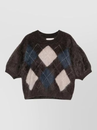 Lisa Yang argyle crew neck sweater puff sleeve