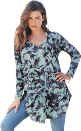 Roaman's Plus Size Knit Thermal V Neck Swing Tunic Long Sleeve in Black Abstract Tie Dye at Nordstrom, Size 16