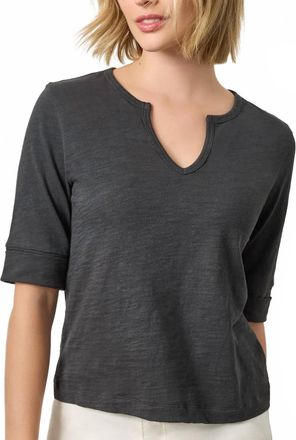 Lilla P Rib Trim Elbow Split Neck Top In Black