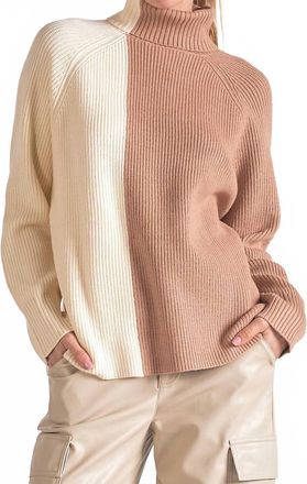 Elan Turtle Neck Sweater In White Beige Color Block