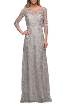 La Femme Lace Dress with Three-Quarter Sleeves and Illusion Neckline in Pearl Silver at Nordstrom, Size 14