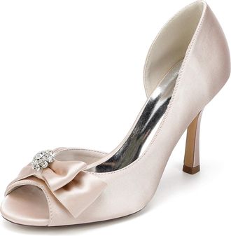 Generic Wedding Heels Womens Rhinestones Bridal Shoes Peep Toe Stiletto Pumps Satin Evening Party Prom Dress Pumps 9.5Cm,Champagne,10 UK