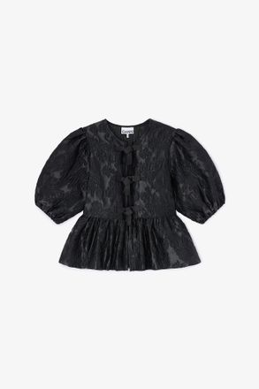 Ganni Satin Peplum Tie Blouse - Size 8/10 Black