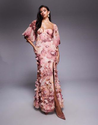 Asos Vestito lungo rosa con fiori 3D-Multicolore