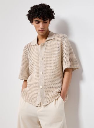 IM BRIAN Mens Openwork-stripe Polo Shirt-collar cardigan