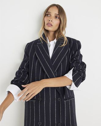 River Island Womens Coat Navy Pinstripe Double Breasted - Size Medium