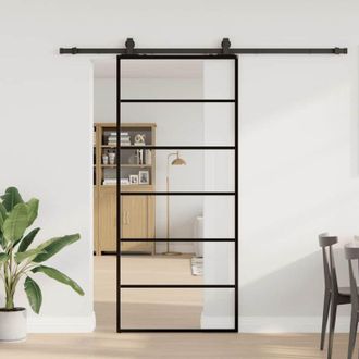 vidaXL Puerta Corredera Con Set Herrajes Negro 90x205 Cm Vidrio Esg Vidaxl