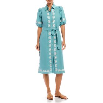 Karen Kane Embroidered Linen Blend Shirtdress in Aqua at Nordstrom, Size Small