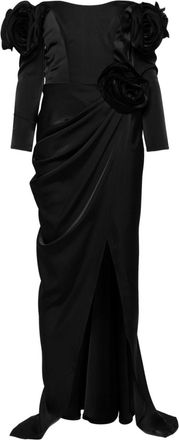 Ana Radu floral-appliqué satin gown - women - Polyester - L - Black