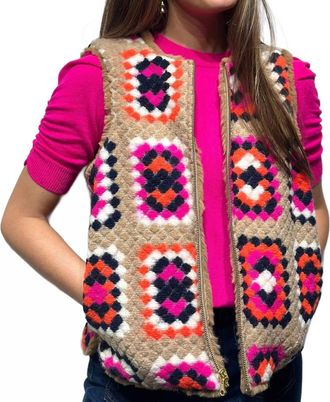 Vilagallo Naomi Crochet Knit Waistcoat In Crochet Beige
