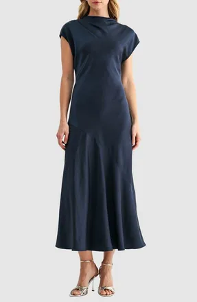 Mila Mae Short Sleeve Asymmetric Hem Satin Maxi Dress in Dark Navy at Nordstrom Rack, Size X-Large